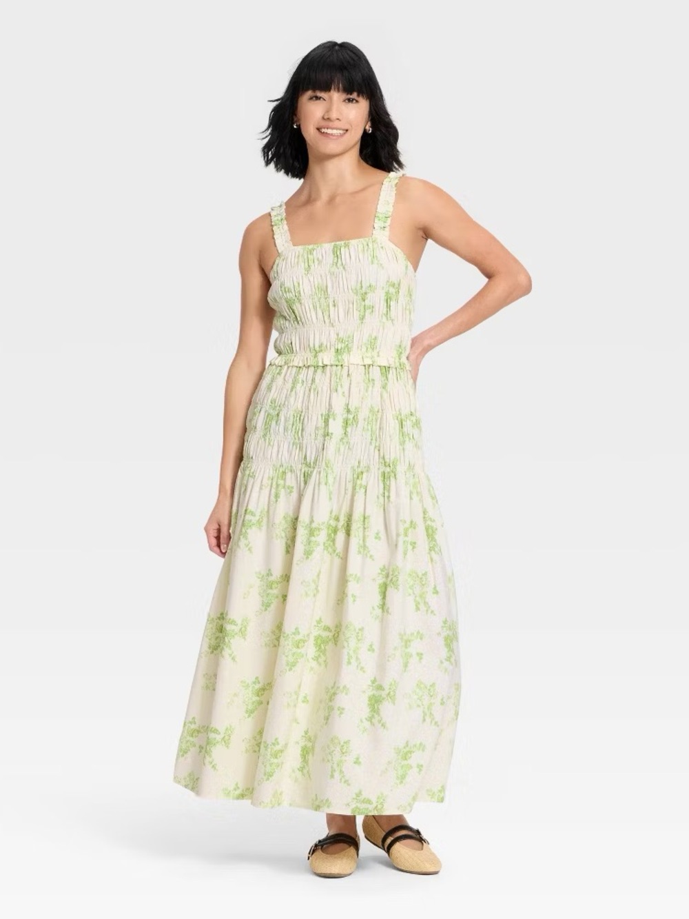 Universal Thread Cream Maxi Dress with Light Green Floral Print